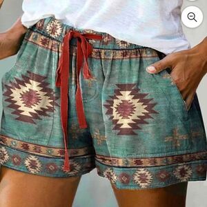 High Waist Southwestern Print Drawstring Waist Easy Summer Short Medium